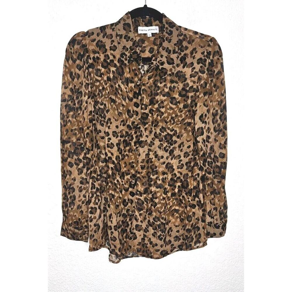 Karina Grimaldi Womens Blouse XS Tan Silk Leopard Long Sleeve Button Up Shirt